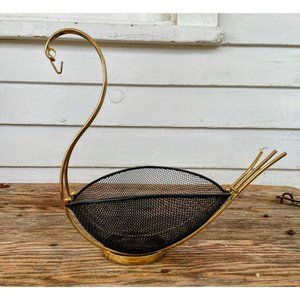 Vintage MCM Black Metal Mesh Swan Shaped  Basket Decor